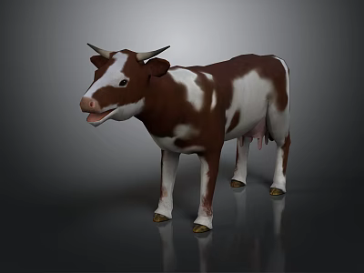 Brown And White 3D Model Cow Standing With Horns On Gray Background 3d model