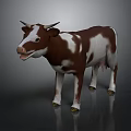 Brown And White 3D Model Cow Standing With Horns On Gray Background