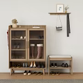 Natural Wood Shoe Cabinet With Glass Doors Bench And Wall Shelf For Shoe Storage