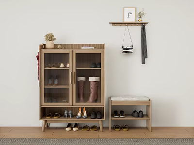 Natural Wood Shoe Cabinet With Glass Doors Bench And Wall Shelf For Shoe Storage 3d model