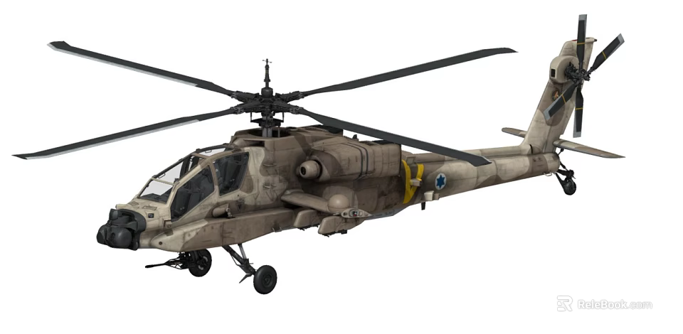 Military Attack Helicopter With Camouflage Paint Twin Rotor System And Yellow Blue Insignia 3d model 