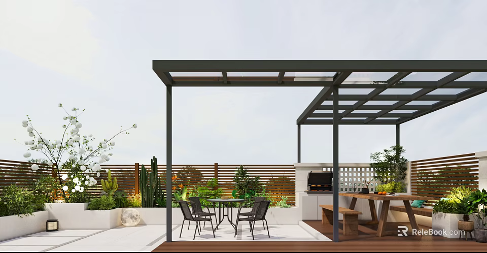 Modern Roof Garden With Pergola Outdoor Dining Set Grill And Lush Green Plants 3d model 