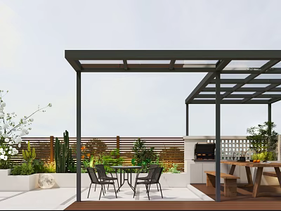 Modern Roof Garden With Pergola Outdoor Dining Set Grill And Lush Green Plants 3d model