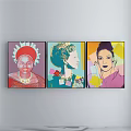 Pop Art Style Queen Portrait Painting with Crown Pearl Necklace Colorful Geometric Blocks Red Background