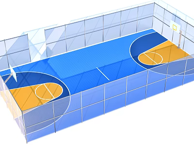 Modern Indoor Basketball Court with Transparent Barriers and Blue Yellow Flooring Layout 3d model