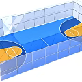 Modern Indoor Basketball Court with Transparent Barriers and Blue Yellow Flooring Layout