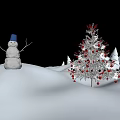 Winter Landscape With Snowman And Decorated Christmas Tree In Blue Sky