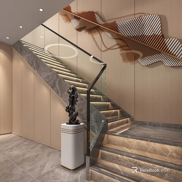 Modern Staircase Design With Glass Railing LED Lighting And Wooden Wall Sculpture 3d model 