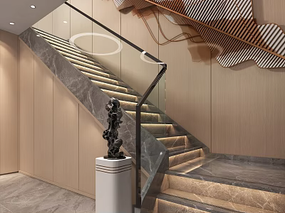Modern Staircase Design With Glass Railing LED Lighting And Wooden Wall Sculpture 3d model