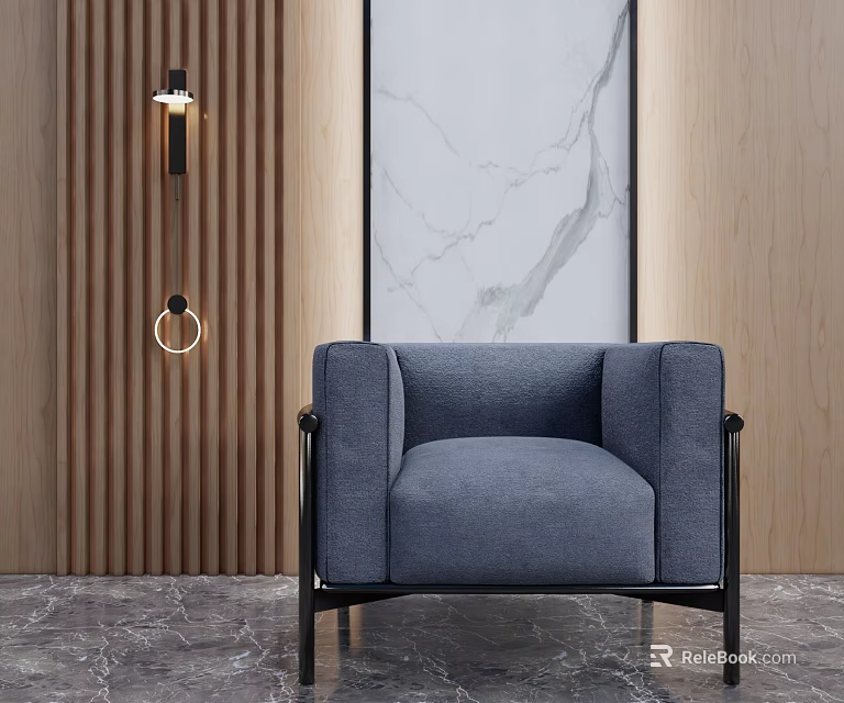 Modern Blue Single Sofa With Fabric Upholstery Metal Frame And Marble Painting On Wooden Wall 3d model 