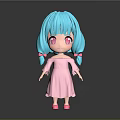 Cartoon Doll With Turquoise Pigtails Pink Dress And Big Eyes On Dark Background