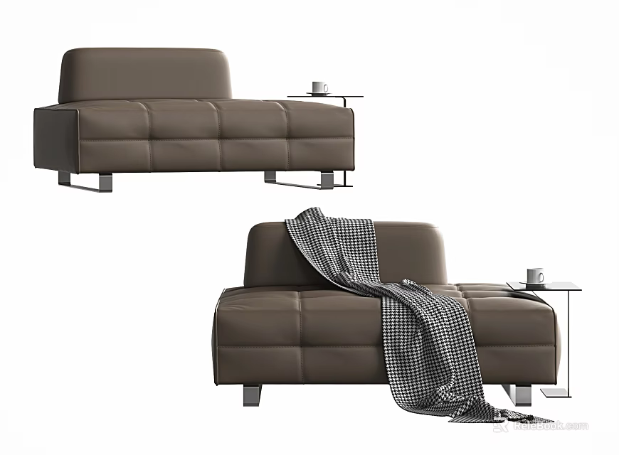 Modern Brown Sectional Sofa With Plaid Blanket Side Table And Cup 3d model