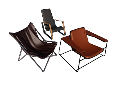 Brown Black Tan Leather Accent Chairs With Metal Frame And Wooden Arms 3d model