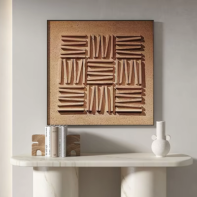 Wooden Geometric Decorative Painting On Wall With Marble Tabletop Books And Vase 3d model