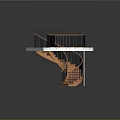 Modern Spiral Staircase With Wooden Steps And Black Railings On Dark Floor