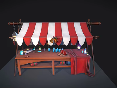 Vintage Market Stall Featuring Red White Striped Awning Wooden Table And Colorful Bottles Fruits Candles 3d model
