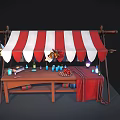 Vintage Market Stall Featuring Red White Striped Awning Wooden Table And Colorful Bottles Fruits Candles