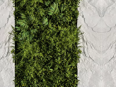 Lush Living Plant Wall Flanked by Textured White Stone Walls With Diverse Green Leaves 3d model