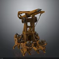 Medieval Siege Weapon Wooden Catapult With Wheels Operated By Soldiers Historical War Machinery