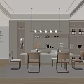 Modern Restaurant Interior With Dining Table Chairs Hanging Lights Plants And Display Cabinets