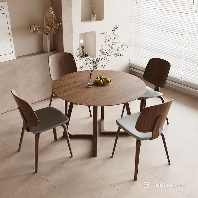 Modern Minimalist Round Wooden Dining Table Set With Four Grey Cushioned Chairs And Floral Decor 3d model 