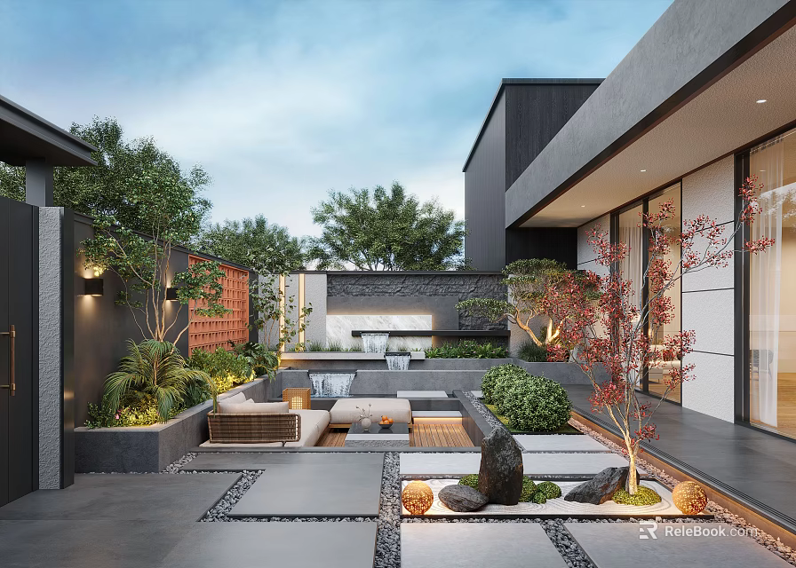 Modern Garden Design Featuring Outdoor Seating Area Green Plants Water Feature And Stone Flooring 3d model 