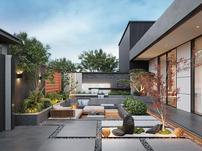 Modern Garden Design Featuring Outdoor Seating Area Green Plants Water Feature And Stone Flooring 3d model