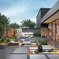 Modern Garden Design Featuring Outdoor Seating Area Green Plants Water Feature And Stone Flooring