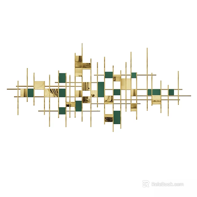 Modern Geometric Wall Decor With Gold Metal Frame And Green Square Details 3d model 
