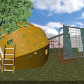 Kindergarten Outdoor Playground With Climbing Wall Net Structure Green Grass Blue Sky