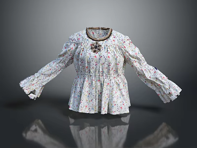White Floral Printed Women's Blouse With Ruffled Cuffs And Decorative Collar 3d model