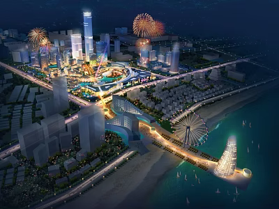 Beautiful City Night Scenery With Tall Buildings Fireworks Ferris Wheel And Beach Lights 3d model