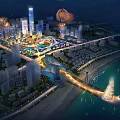 Beautiful City Night Scenery With Tall Buildings Fireworks Ferris Wheel And Beach Lights