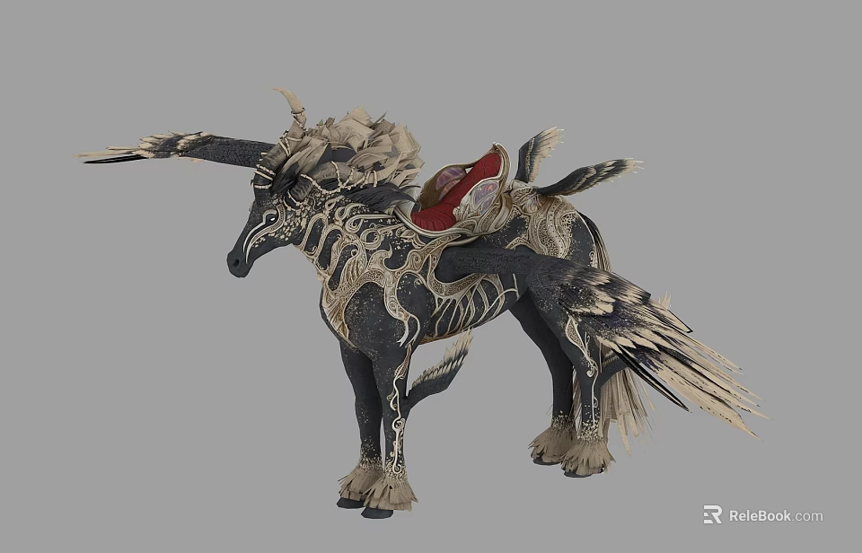 Mythical Flying Winged Horse with Red Saddle and Intricate Black White Design Details 3d model 
