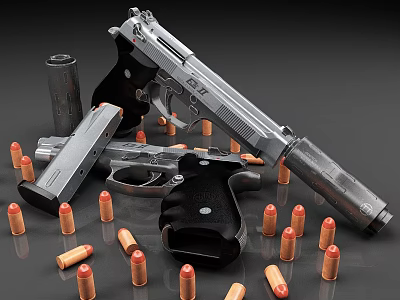 Classic 1911 Pistol With Silver Finish Bullets And Magazine On Black Surface 3d model