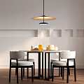 Round Dining Table Set With Upholstered Chairs Pendant Light Wall Niches And Tabletop Decor