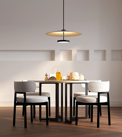 Round Dining Table Set With Upholstered Chairs Pendant Light Wall Niches And Tabletop Decor 3d model