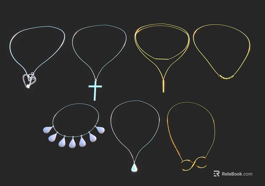 Elegant Silver And Gold Necklaces With Cross Heart Teardrop Pendants And Chains 3d model 