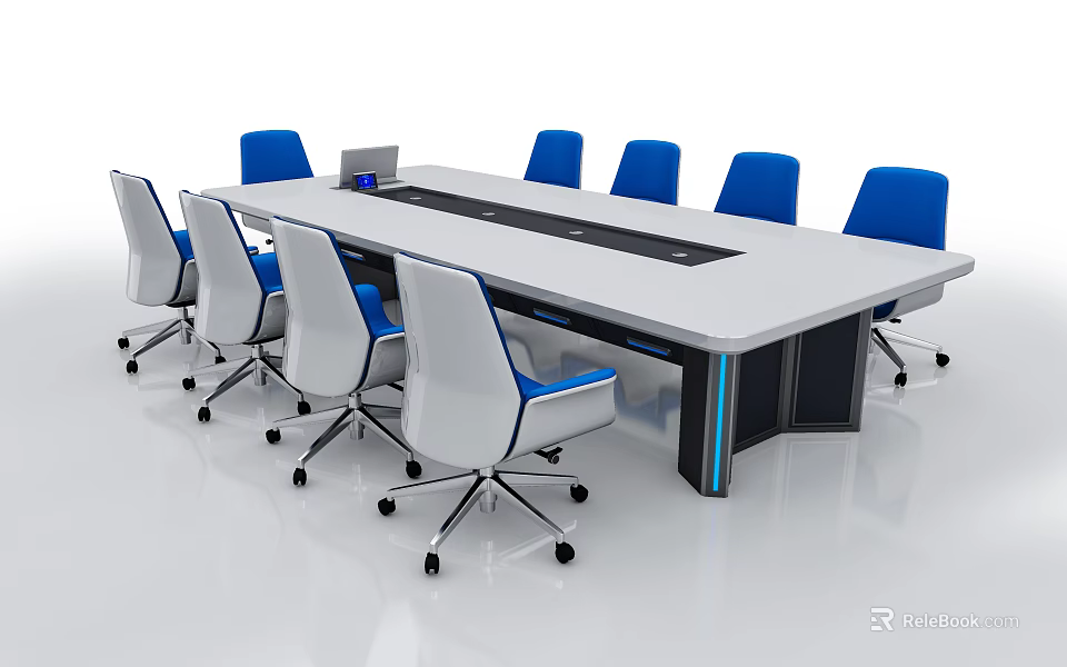 Modern Long Conference Table With Multiple Blue Wheeled Chairs In Office Setting 3d model 