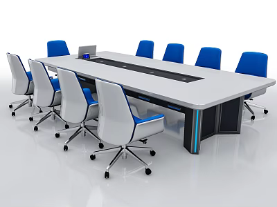Modern Long Conference Table With Multiple Blue Wheeled Chairs In Office Setting 3d model
