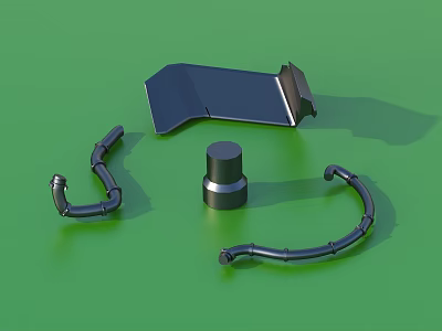 Metal Mechanical Parts Including Cover Cylindrical Component And Curved Pipes On Green Background 3d model