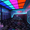 Modern Bar Interior With Colorful Neon Ceiling Lights Reception Desk And Dark Marble Floor