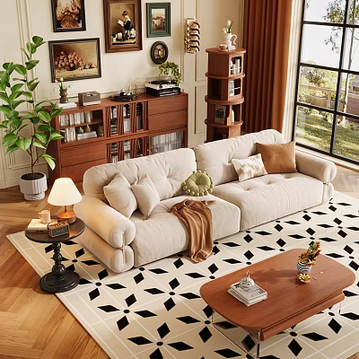 Cozy Modern Living Room Interior With Beige Sofa Geometric Rug And Wooden Coffee Table 3d model