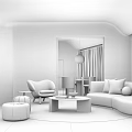 Modern Living Room Interior With Curved Sofa Brick Wall Round Pendant Light And Large Windows