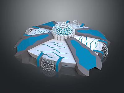 Modern Architectural Structure With Dome Design Blue Gray Panels Wavy Lines And Grid Elements 3d model