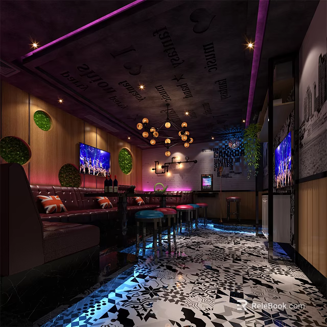 Modern KTV Interior Design With Comfortable Sofas Bar Stools Chandeliers Green Plants And Colorful Lighting 3d model 