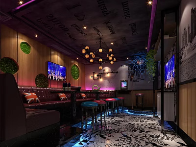 Modern KTV Interior Design With Comfortable Sofas Bar Stools Chandeliers Green Plants And Colorful Lighting 3d model