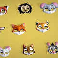 Various Animal Face Masks Including Lion Fox Cat and Giraffe Designs on Yellow Background