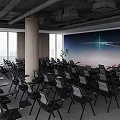Modern Conference Room With Rows Of Black Chairs Large Projection Screen And City View Windows