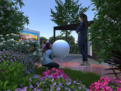 Square Landscape With Green Plants Purple Pink Flowers White Spherical Installation Trees And People 3d model